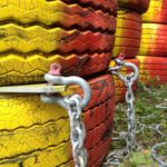 Rot-gelb bemalte alte Reifen, die von Ketten zusammengehalten werden - in Schweden dienen sie als Straßenblockade bei Baustellen