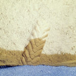 das untere Zehntel des Bilds zeigt eine Teeroberfläche, auf der ein gelblicher Sandhaufen liegt. Die Spur eines Gabelstaplers drückt sich im feuchten Sand ab.