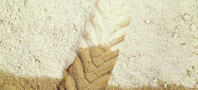 das untere Zehntel des Bilds zeigt eine Teeroberfläche, auf der ein gelblicher Sandhaufen liegt. Die Spur eines Gabelstaplers drückt sich im feuchten Sand ab.